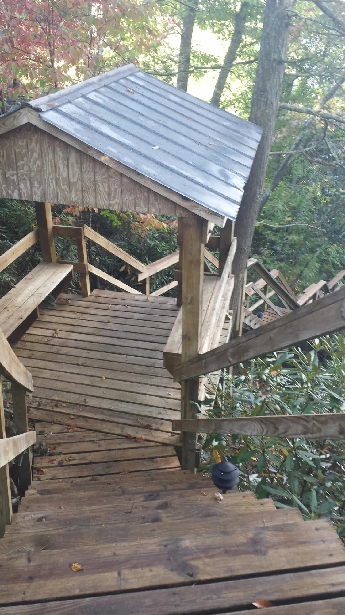 Metal roofed shelter over wooden steps on a wooded walkway — Skylight Repair & Installation work by our crew in South Saint Paul